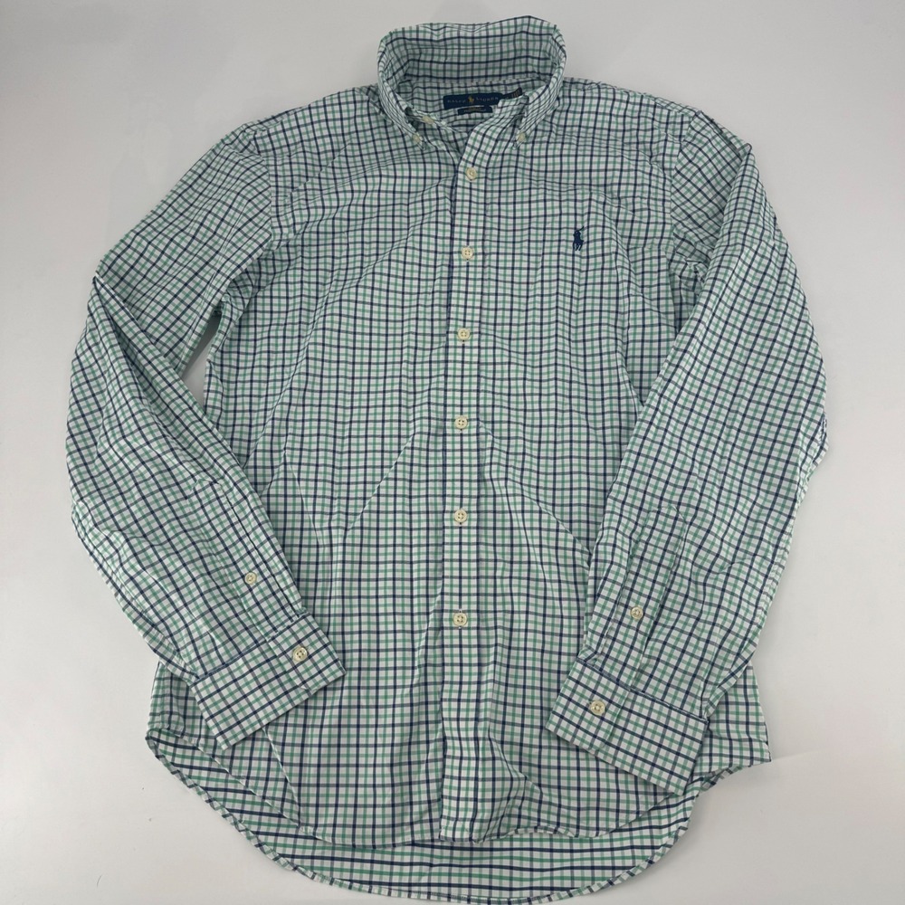 Ralph Lauren Mens Slim Fit Performance Shirt Green Navy Blue Check Size M